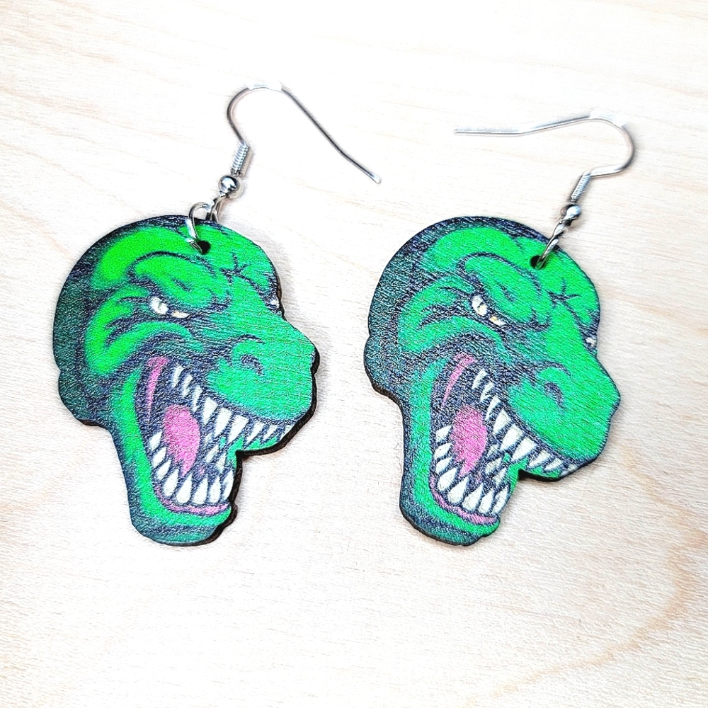 T-Rex Head, Printed on Wood, Green, 2" Drop